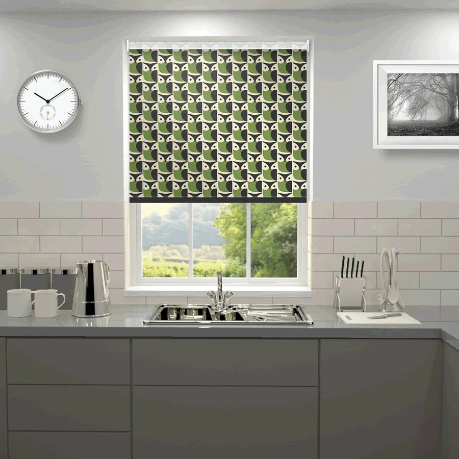 Orla Kiely Owl Made to Measure Blackout Kitchen Blind Chalky Green