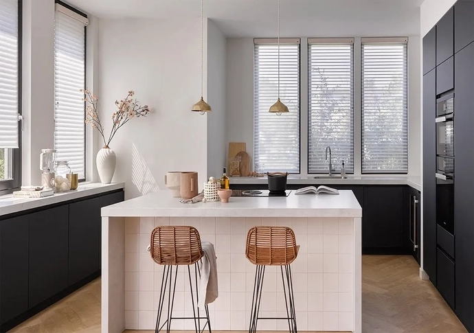 Wooden venetian blinds install in kitchen
